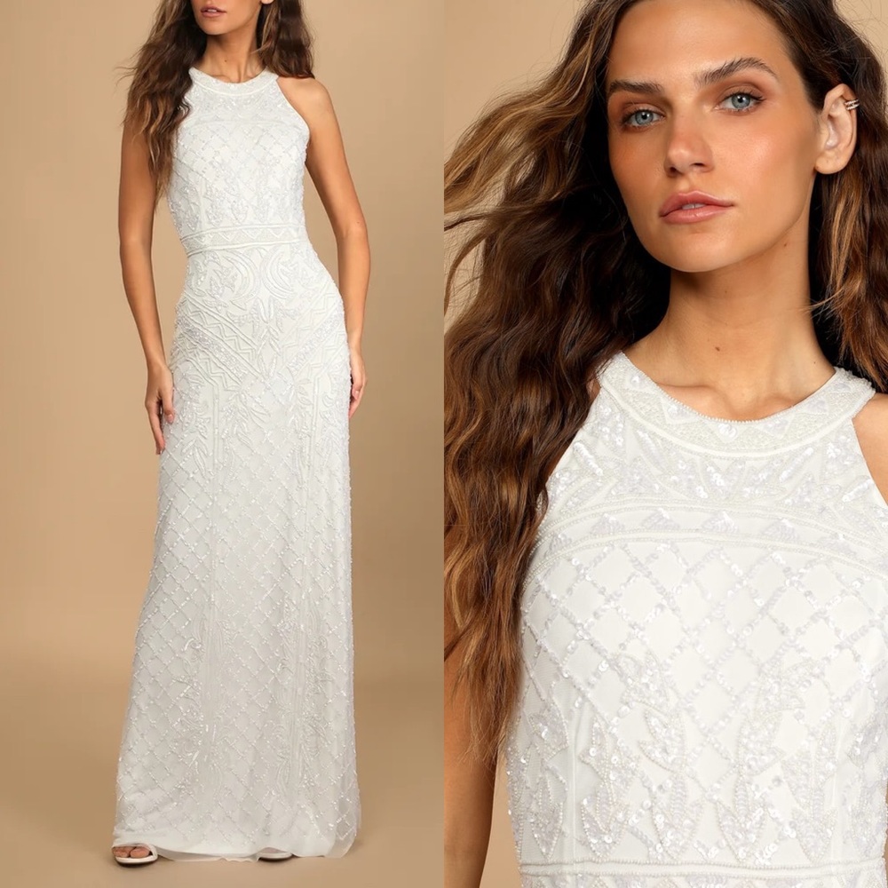White Beaded Sequin Halter Mermaid Maxi Dress ✨